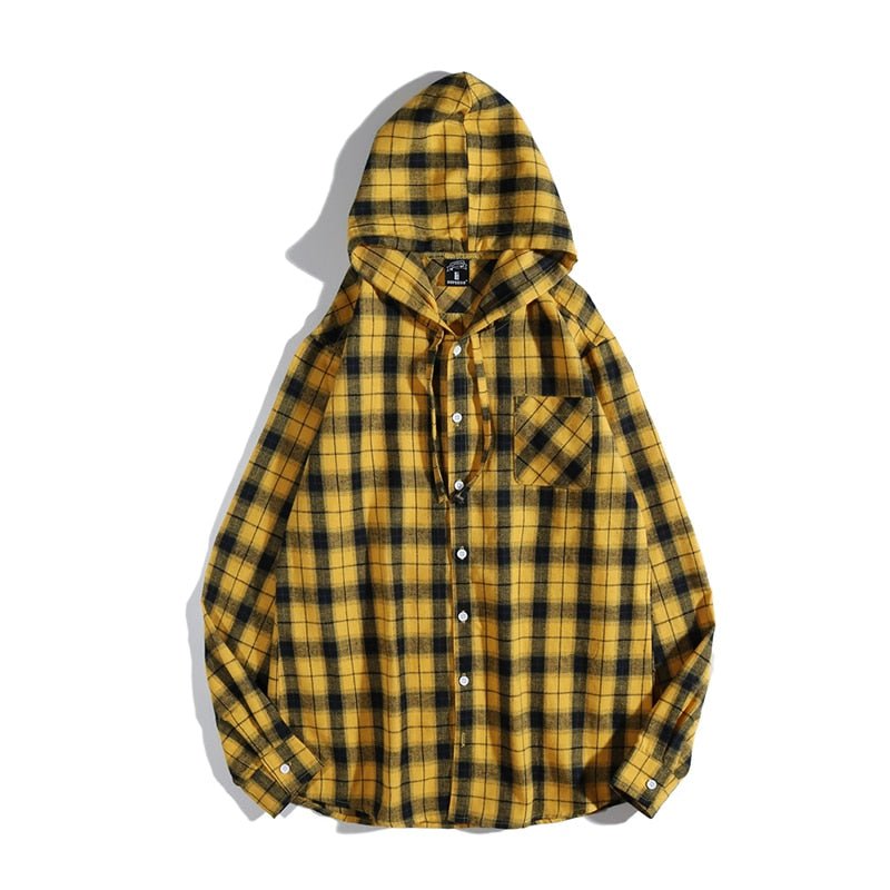 Casual Streetwear Yellow Plaid Shirt Hip Hop Men Hoodies Shirt Long Sleeve Cotton Men Clothing Camisa Masculina-0