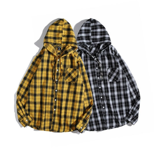 Casual Streetwear Yellow Plaid Shirt Hip Hop Men Hoodies Shirt Long Sleeve Cotton Men Clothing Camisa Masculina-1