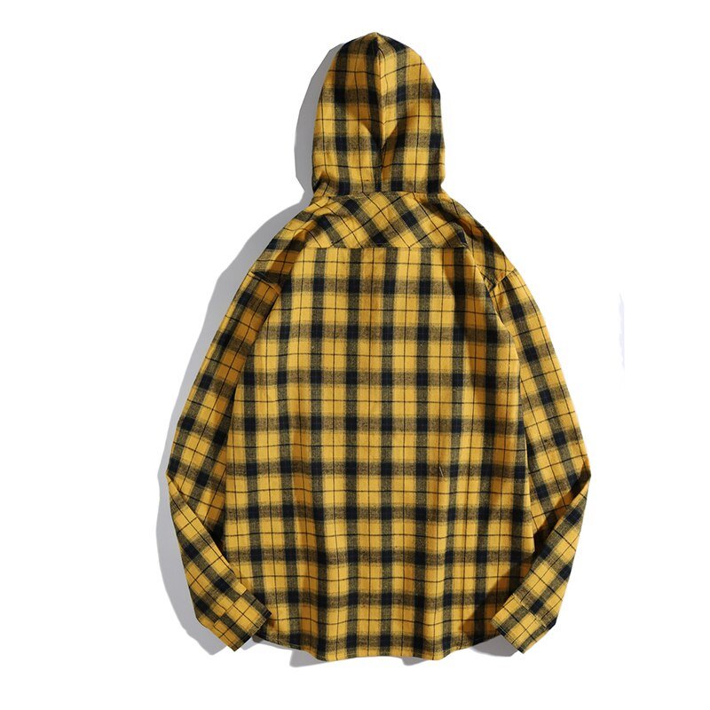 Casual Streetwear Yellow Plaid Shirt Hip Hop Men Hoodies Shirt Long Sleeve Cotton Men Clothing Camisa Masculina-3