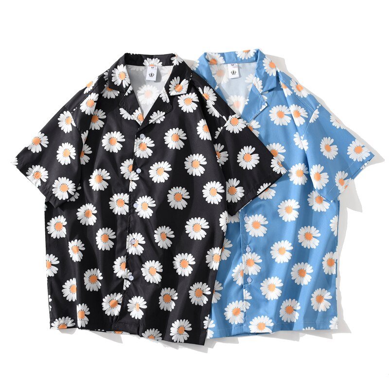 Daisy Print Aloha Shirts Hip Hop Harajuku Men Short Sleeve Beach Hawaiian Flower Shirts Casual Camisa Masculina Shirt-0