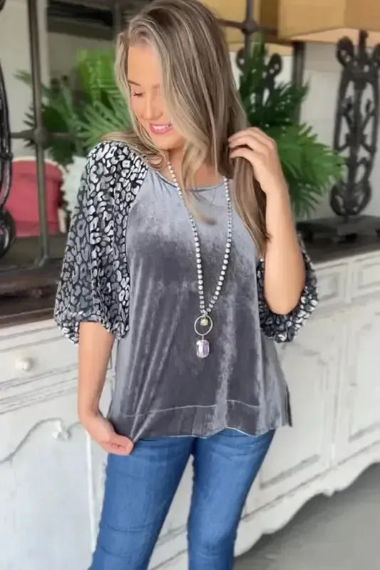 Grey Leopard Velvet Blouse-1