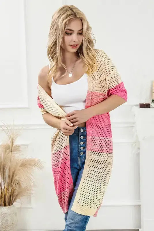 Pink Ribbed Short Sleeve Ombre Eyelet Knitted Cardigan-4