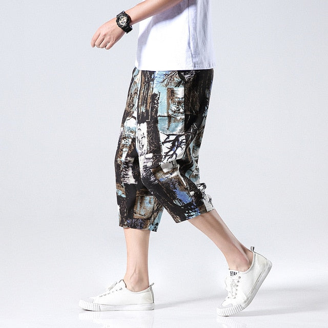 Streetwear New Chinese Style Male Printed Harem Pants Men Calf Length Cotton Linen Bermuda Masculina Male Pants-2