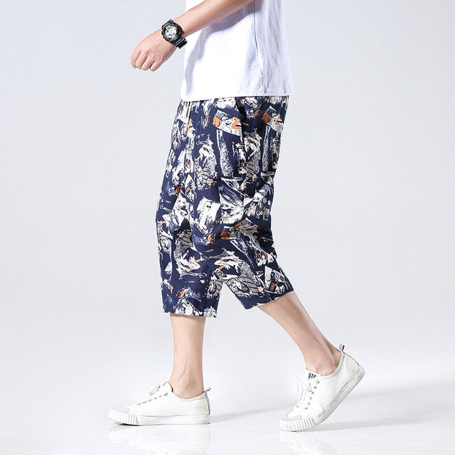 Streetwear New Chinese Style Male Printed Harem Pants Men Calf Length Cotton Linen Bermuda Masculina Male Pants-6