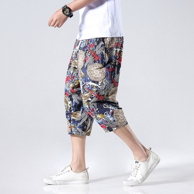 Streetwear New Chinese Style Male Printed Harem Pants Men Calf Length Cotton Linen Bermuda Masculina Male Pants-5