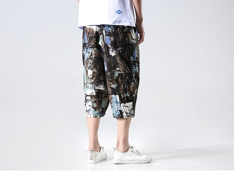 Streetwear New Chinese Style Male Printed Harem Pants Men Calf Length Cotton Linen Bermuda Masculina Male Pants-4
