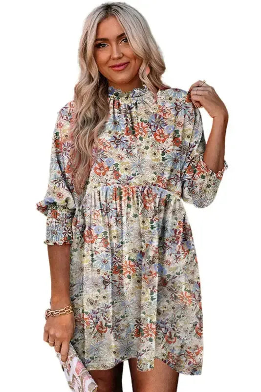 Purple Printed Boho Floral Frilled Neck Shirred Bracelet Sleeve Dress-2