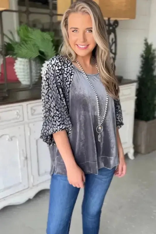 Grey Leopard Velvet Blouse-2