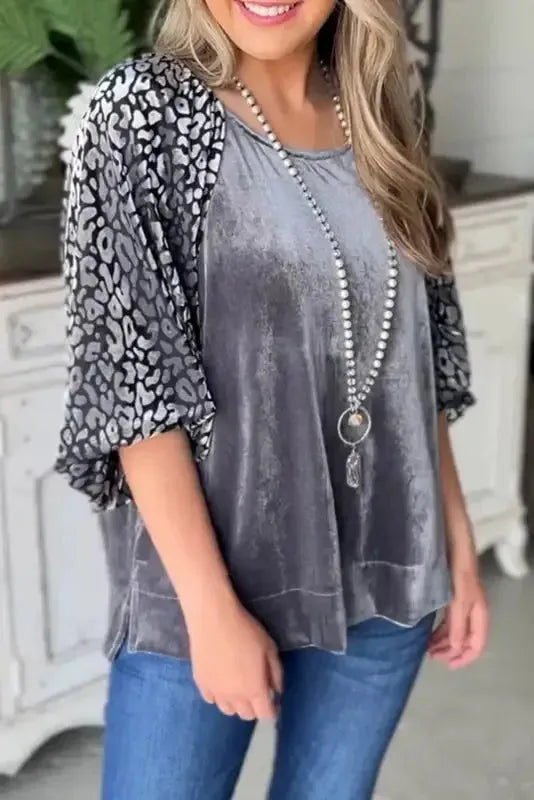 Grey Leopard Velvet Blouse-0