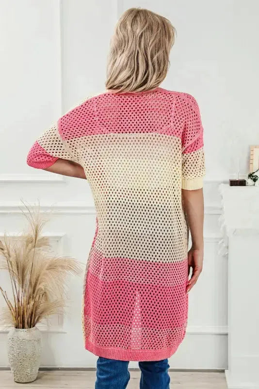 Pink Ribbed Short Sleeve Ombre Eyelet Knitted Cardigan-1