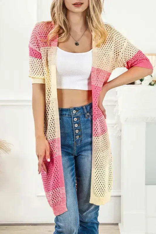 Pink Ribbed Short Sleeve Ombre Eyelet Knitted Cardigan-0