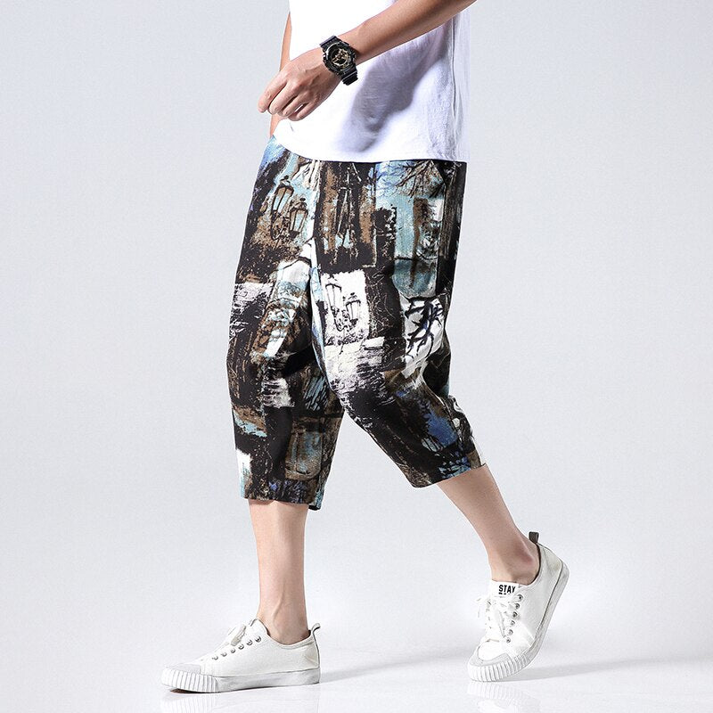 Streetwear New Chinese Style Male Printed Harem Pants Men Calf Length Cotton Linen Bermuda Masculina Male Pants-3