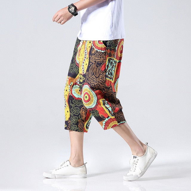 Streetwear New Chinese Style Male Printed Harem Pants Men Calf Length Cotton Linen Bermuda Masculina Male Pants-0