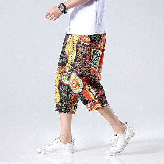 Streetwear New Chinese Style Male Printed Harem Pants Men Calf Length Cotton Linen Bermuda Masculina Male Pants-0