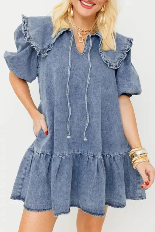 Puff Sleeve Denim Mini Dress-0