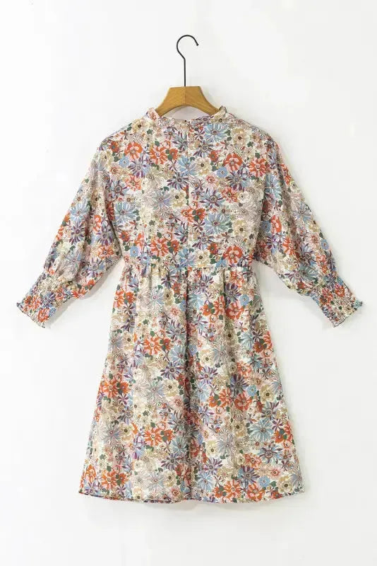 Purple Printed Boho Floral Frilled Neck Shirred Bracelet Sleeve Dress-4