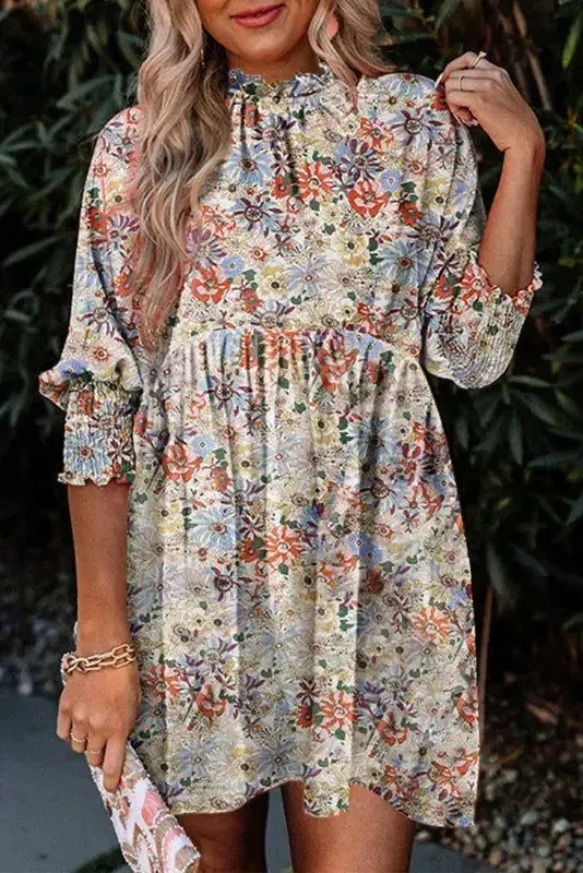 Purple Printed Boho Floral Frilled Neck Shirred Bracelet Sleeve Dress-0