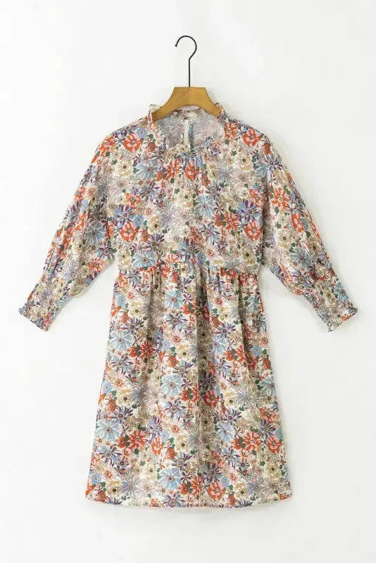 Purple Printed Boho Floral Frilled Neck Shirred Bracelet Sleeve Dress-3
